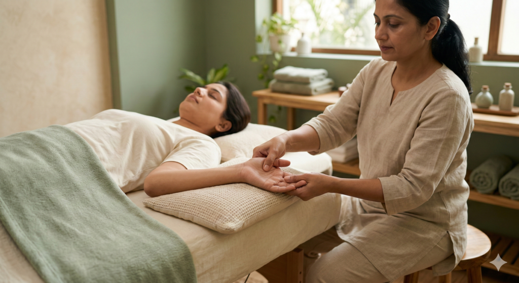 Therapist applying gentle pressure on hand reflex points during professional acupressure therapy session in a calm clinic setting.