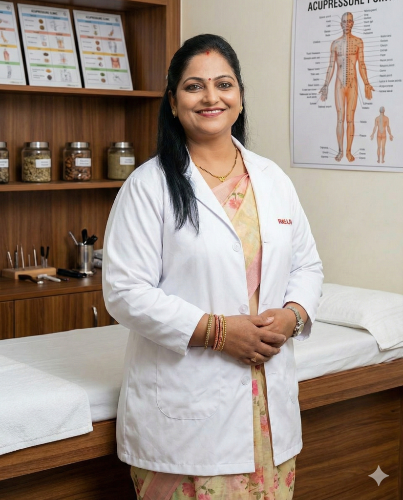 Therapist Monika Mittal standing in her acupressure clinic near Yamuna Gali Railway Station