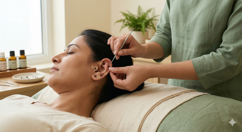 Close-up of auricular therapy with ear pressure points being stimulated in a holistic clinic.