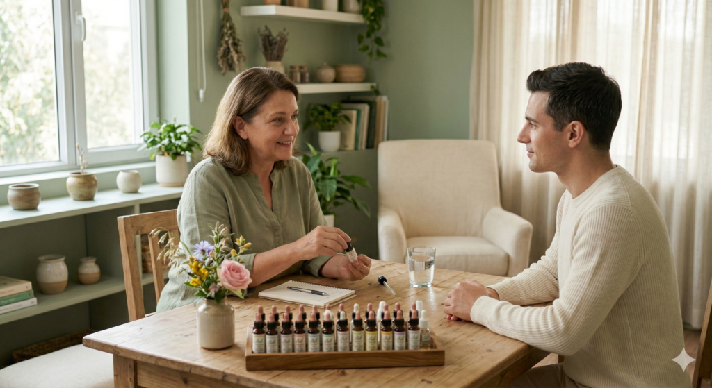 Bach flower essence remedy bottles arranged on a table during a holistic therapy consultation.