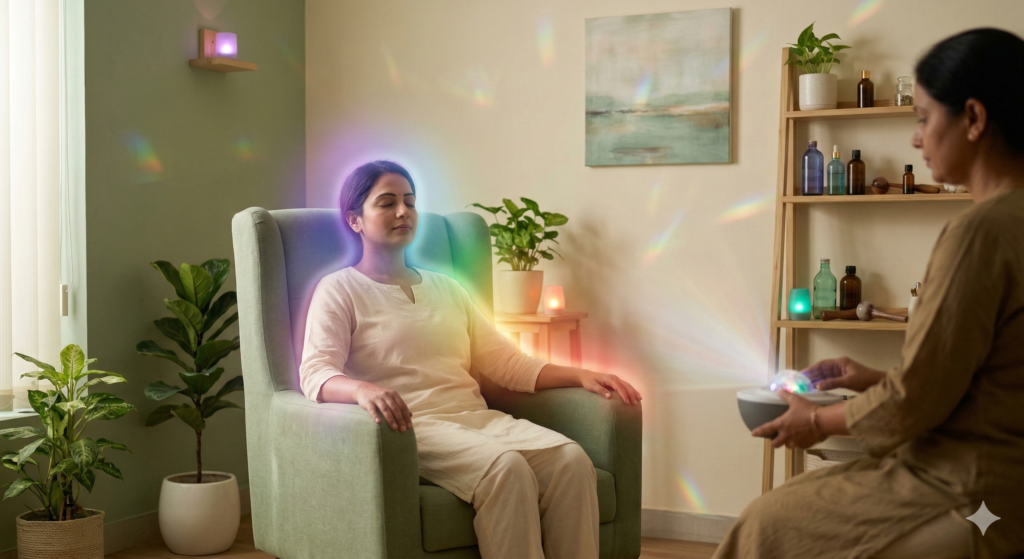 Patient relaxing under therapeutic colored lights during a colour therapy session in a wellness clinic.