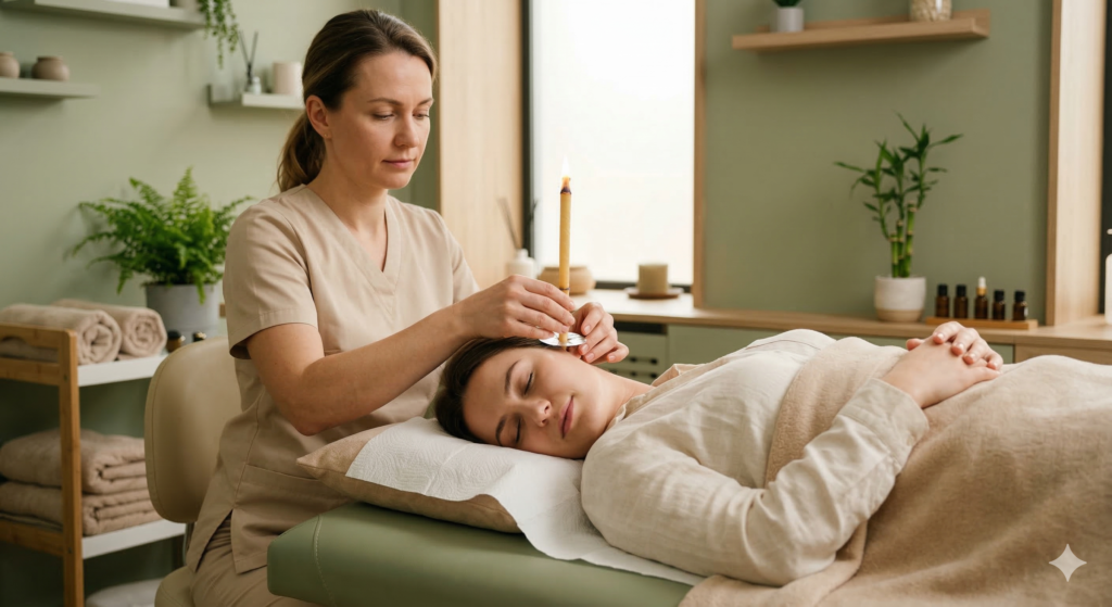 Therapist performing ear candle therapy using a natural ear candle in a wellness clinic.