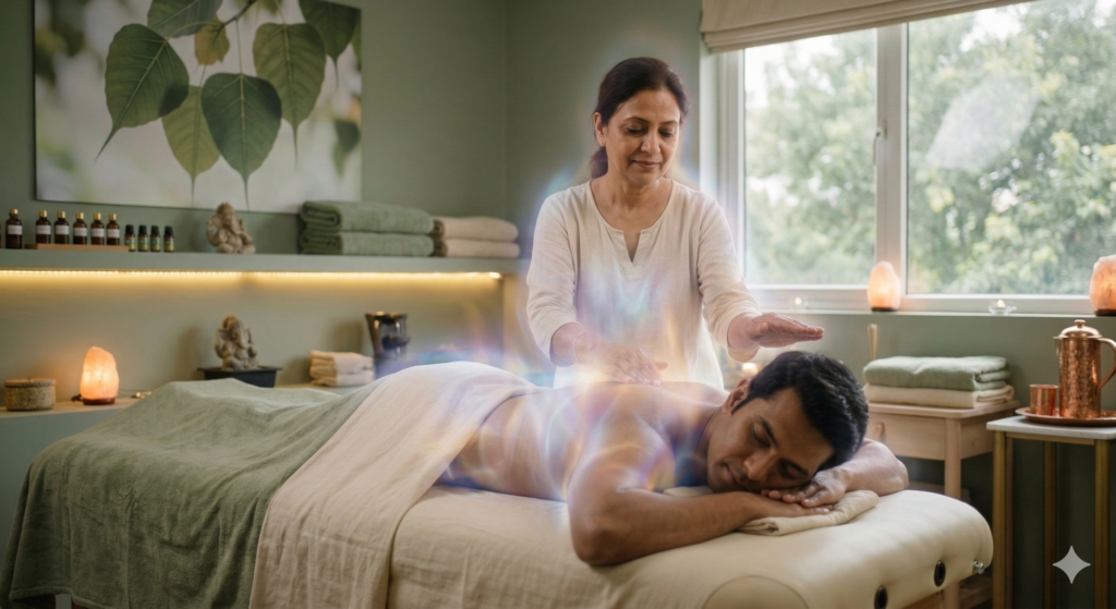 Relaxing moksha therapy session in a peaceful wellness room with soft ambient lighting.