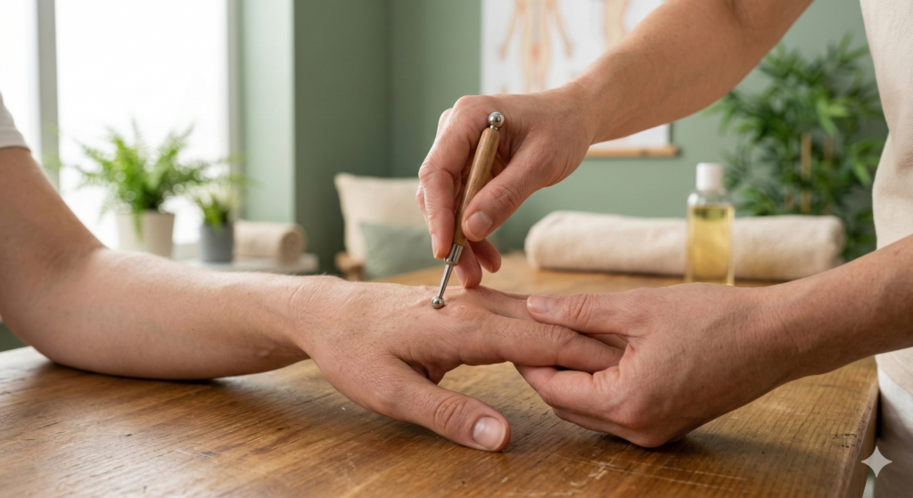 Therapist stimulating finger reflexology points during Sujok hand therapy session.